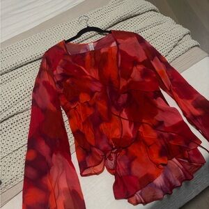 Red Asymmetrical Ruffled Blouse